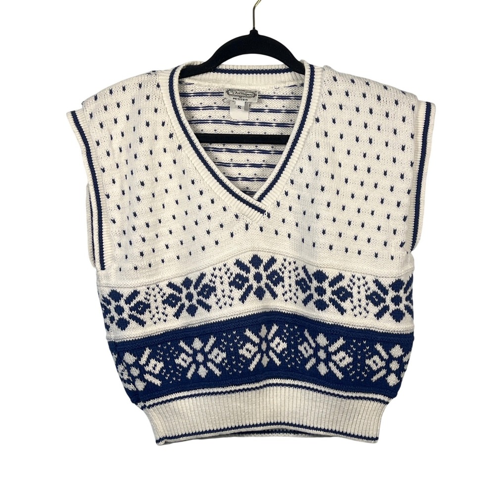 The Villager Vintage White Blue Fair Isle Sweater Vest Small Retro Grannycore